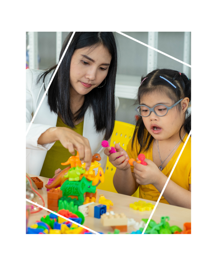 Woman playing and crafting with young girl