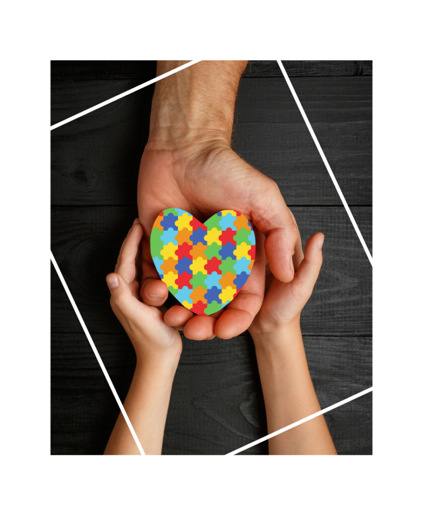 Adult hand and children's hands holding a multi-colored heart together
